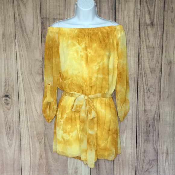 Sunflower Yellow Tie-Dye off the shoulder Romper - Picture 2 of 9